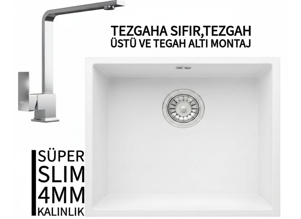 RealStone Steep 50 Beyaz Granit Evye & Göksu Krom Batarya Seti RealStone Steep 50 Beyaz Granit Evye & Göksu Krom Batarya Seti