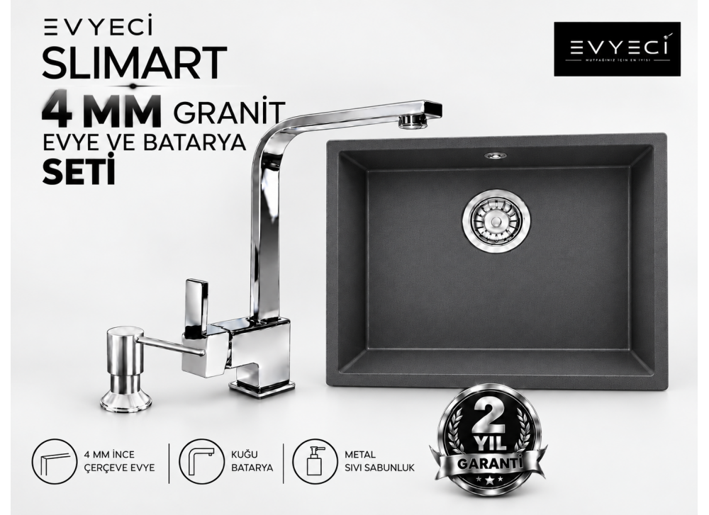Evyeci Slimart 45x40 antrasit granit evye ve batarya seti Evyeci Slimart 45x40 antrasit granit evye ve batarya seti
