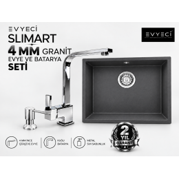 Evyeci Slimart 50x40 4 mm İnce Çerçeveli Antrasit Granit Evye + Kuğu Batarya + Metal Sıvı Sabunluk Seti