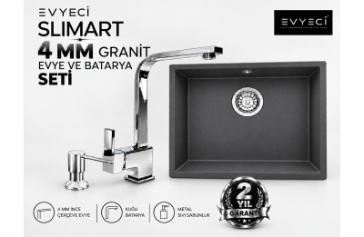 Evyeci Slimart 40x40 4 mm İnce Çerçeveli Antrasit Granit Evye + Kuğu Batarya + Metal Sıvı Sabunluk Seti Evyeci Slimart 40x40 4 mm İnce Çerçeveli Antrasit Granit Evye + Kuğu Batarya + Metal Sıvı Sabunluk Seti