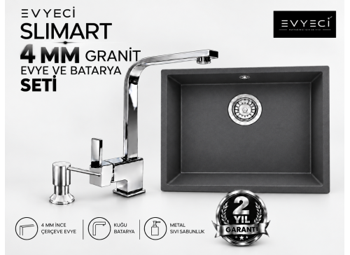Evyeci Slimart 40x40 4 mm İnce Çerçeveli Antrasit Granit Evye + Kuğu Batarya + Metal Sıvı Sabunluk Seti