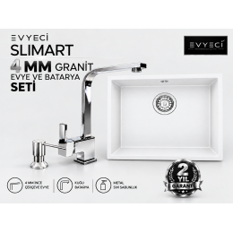 Evyeci Slimart 45x40 4 mm İnce Çerçeveli Beyaz Granit Evye + Kuğu Batarya + Metal Sıvı Sabunluk Seti