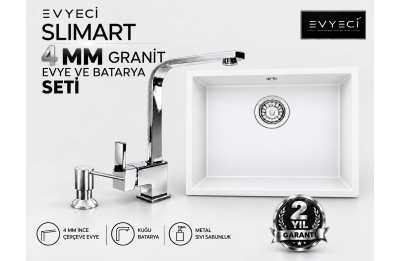 Evyeci Slimart 40x40 4 mm İnce Çerçeveli Beyaz Granit Evye + Kuğu Batarya + Metal Sıvı Sabunluk Seti Evyeci Slimart 40x40 4 mm İnce Çerçeveli Beyaz Granit Evye + Kuğu Batarya + Metal Sıvı Sabunluk Seti