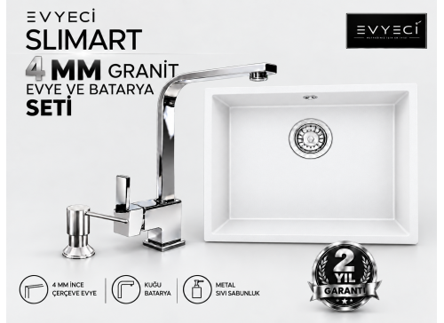 Evyeci Slimart 40x40 4 mm İnce Çerçeveli Beyaz Granit Evye + Kuğu Batarya + Metal Sıvı Sabunluk Seti