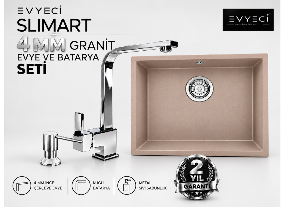 Evyeci Slimart 50x40 cappuccino granit evye ve batarya seti Evyeci Slimart 50x40 cappuccino granit evye ve batarya seti