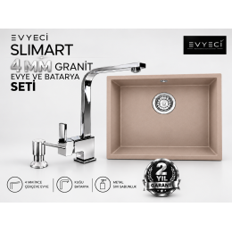 Evyeci Slimart 45x40 4 mm İnce Çerçeveli Cappuccino Granit Evye + Kuğu Batarya + Metal Sıvı Sabunluk Seti
