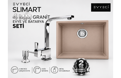 Evyeci Slimart 50x40 4 mm İnce Çerçeveli Cappuccino Granit Evye + Kuğu Batarya + Metal Sıvı Sabunluk Seti Evyeci Slimart 50x40 4 mm İnce Çerçeveli Cappuccino Granit Evye + Kuğu Batarya + Metal Sıvı Sabunluk Seti