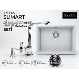 Evyeci Slimart 50x40 4 mm İnce Çerçeveli Gri Granit Evye + Kuğu Batarya + Metal Sıvı Sabunluk Seti