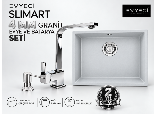 Evyeci Slimart 40x40 4 mm İnce Çerçeveli Gri Granit Evye + Kuğu Batarya + Metal Sıvı Sabunluk Seti
