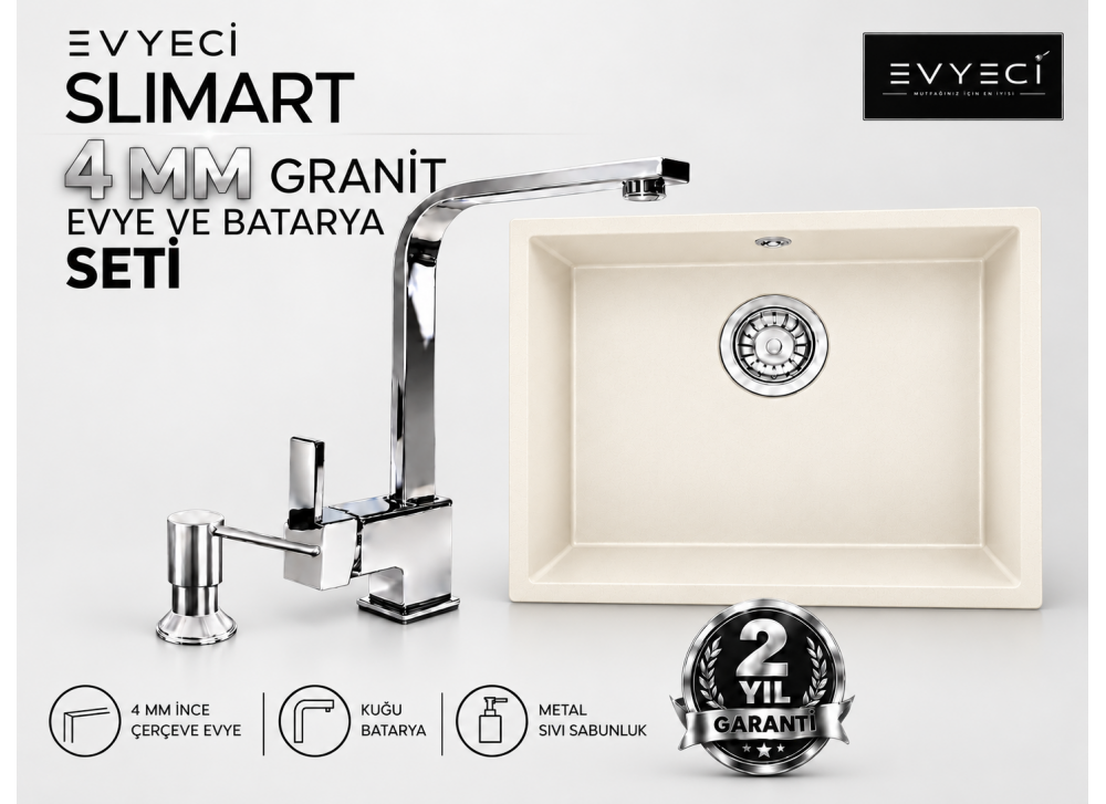 Evyeci Slimart 40x40 krem granit evye ve batarya seti Evyeci Slimart 40x40 krem granit evye ve batarya seti