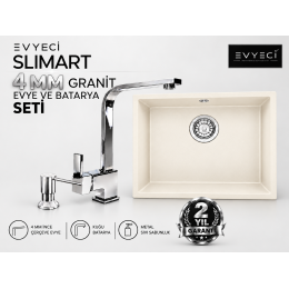 Evyeci Slimart 50x40 4 mm İnce Çerçeveli Krem Granit Evye + Kuğu Batarya + Metal Sıvı Sabunluk Seti