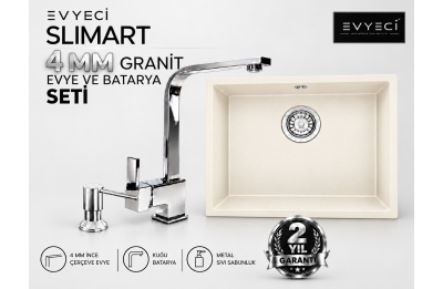 Evyeci Slimart 50x40 4 mm İnce Çerçeveli Krem Granit Evye + Kuğu Batarya + Metal Sıvı Sabunluk Seti Evyeci Slimart 50x40 4 mm İnce Çerçeveli Krem Granit Evye + Kuğu Batarya + Metal Sıvı Sabunluk Seti