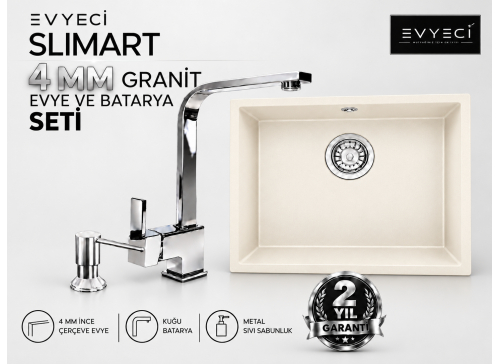 Evyeci Slimart 40x40 4 mm İnce Çerçeveli Krem Granit Evye + Kuğu Batarya + Metal Sıvı Sabunluk Seti