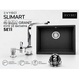 Evyeci Slimart 45x40 4 mm İnce Çerçeveli Siyah Granit Evye + Kuğu Batarya + Metal Sıvı Sabunluk Seti