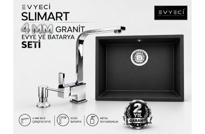 Evyeci Slimart 50x40 4 mm İnce Çerçeveli Siyah Granit Evye + Kuğu Batarya + Metal Sıvı Sabunluk Seti Evyeci Slimart 50x40 4 mm İnce Çerçeveli Siyah Granit Evye + Kuğu Batarya + Metal Sıvı Sabunluk Seti
