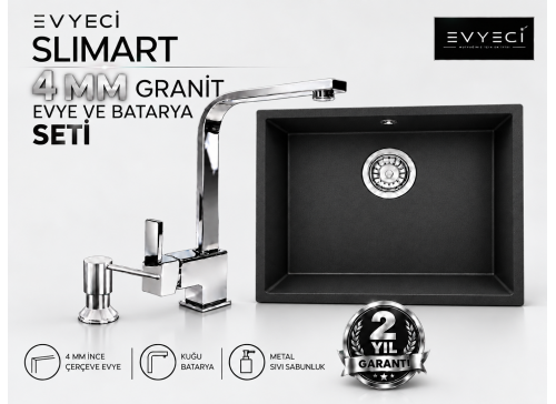 Evyeci Slimart 40x40 4 mm İnce Çerçeveli Siyah Granit Evye + Kuğu Batarya + Metal Sıvı Sabunluk Seti