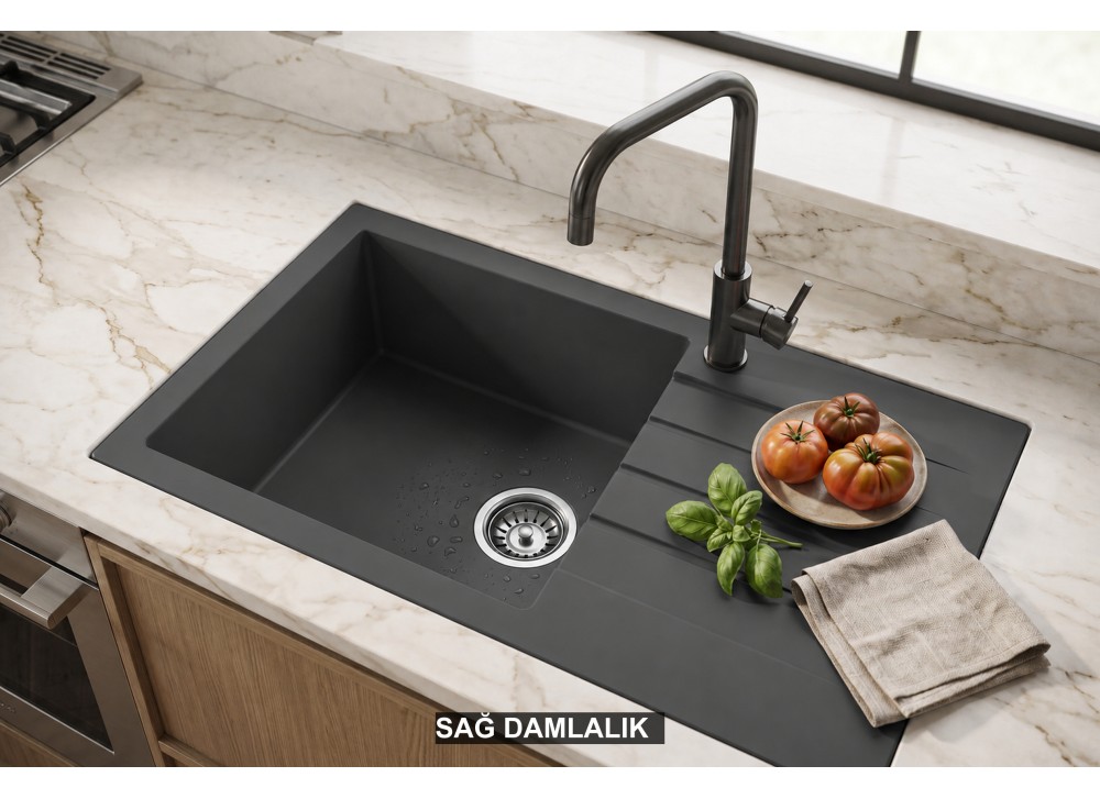 Sağ Damlalıklı 76x43,5 cm Antrasit Granit Mutfak Evyesi RealStone Assos 76 XL P010 Sağ Damlalıklı 76x43,5 cm Antrasit Granit Mutfak Evyesi RealStone Assos 76 XL P010