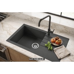 Sağ Damlalıklı 76x43,5 cm Antrasit Granit Mutfak Evyesi RealStone Assos 76 XL P010