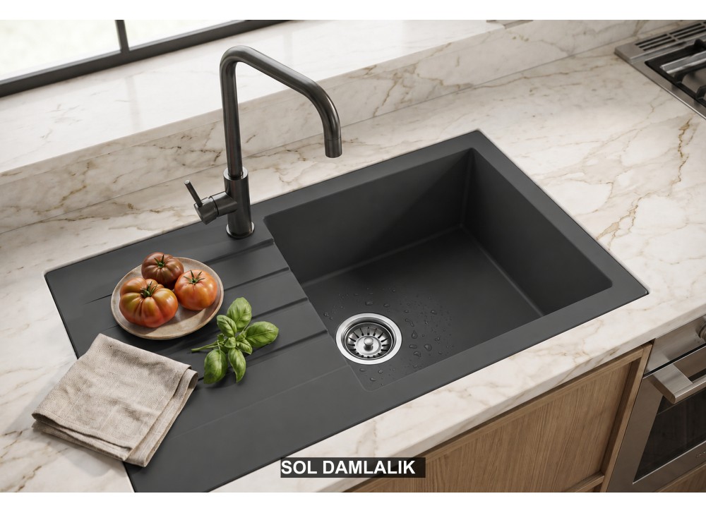 Sol Damlalıklı 76x43,5 cm Antrasit Granit Mutfak Evyesi RealStone Assos 76 XL P010 Sol Damlalıklı 76x43,5 cm Antrasit Granit Mutfak Evyesi RealStone Assos 76 XL P010