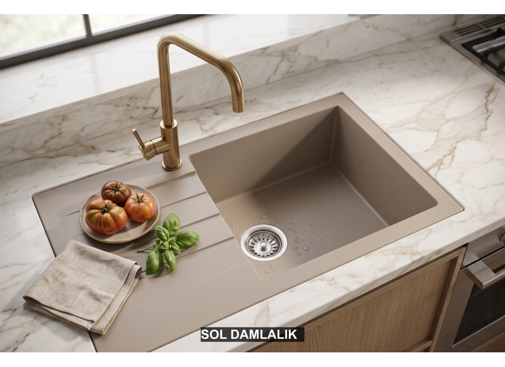 Sol Damlalıklı 76x43,5 cm Cappuccino Granit Mutfak Evyesi RealStone Assos 76 XL P010 Sol Damlalıklı 76x43,5 cm Cappuccino Granit Mutfak Evyesi RealStone Assos 76 XL P010