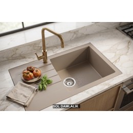 Sol Damlalıklı 76x43,5 cm Cappuccino Granit Mutfak Evyesi RealStone Assos 76 XL P010