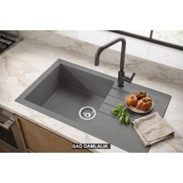 Sağ Damlalıklı 76x43,5 cm Gri Granit Mutfak Evyesi RealStone Assos 76 XL P010