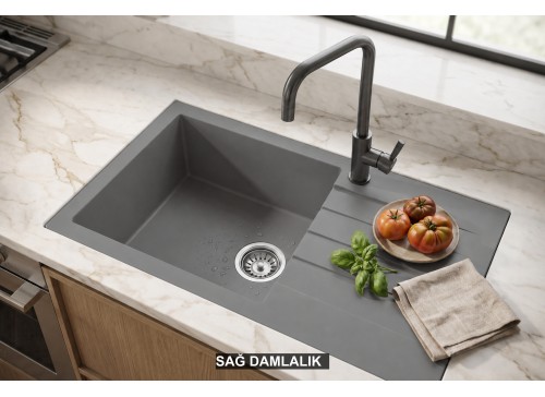 Sağ Damlalıklı 76x43,5 cm Gri Granit Mutfak Evyesi RealStone Assos 76 XL P010 Sağ Damlalıklı 76x43,5 cm Gri Granit Mutfak Evyesi RealStone Assos 76 XL P010