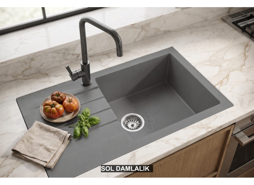 Sol Damlalıklı 76x43,5 cm Gri Granit Mutfak Evyesi RealStone Assos 76 XL P010 Sol Damlalıklı 76x43,5 cm Gri Granit Mutfak Evyesi RealStone Assos 76 XL P010