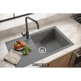 Sol Damlalıklı 76x43,5 cm Gri Granit Mutfak Evyesi RealStone Assos 76 XL P010