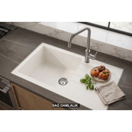 Sağ Damlalıklı 76x43,5 cm Beyaz Granit Mutfak Evyesi RealStone Assos 76 XL P010