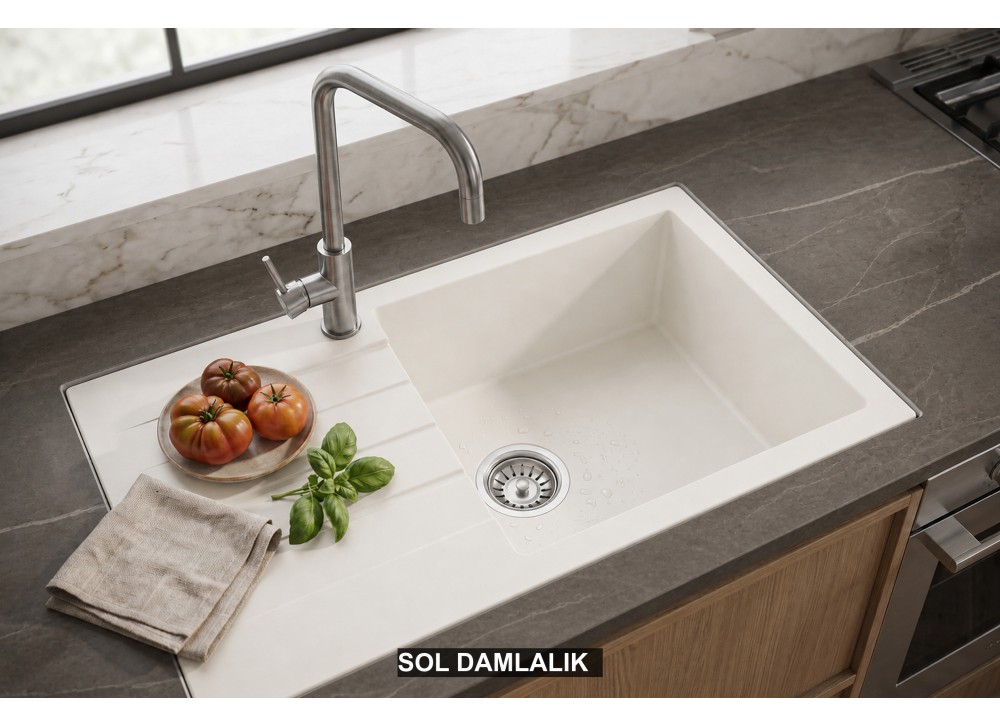 Sol Damlalıklı 76x43,5 cm Beyaz Granit Mutfak Evyesi RealStone Assos 76 XL P010 Sol Damlalıklı 76x43,5 cm Beyaz Granit Mutfak Evyesi RealStone Assos 76 XL P010