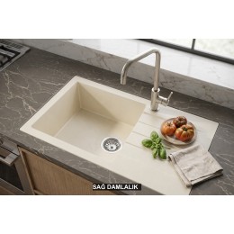Sağ Damlalıklı 76x43,5 cm Krem Granit Mutfak Evyesi RealStone Assos 76 XL P010