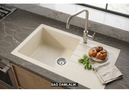 Sağ Damlalıklı 76x43,5 cm Krem Granit Mutfak Evyesi RealStone Assos 76 XL P010 Sağ Damlalıklı 76x43,5 cm Krem Granit Mutfak Evyesi RealStone Assos 76 XL P010