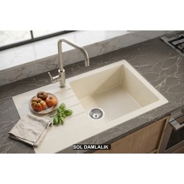Sol Damlalıklı 76x43,5 cm Krem Granit Mutfak Evyesi RealStone Assos 76 XL P010