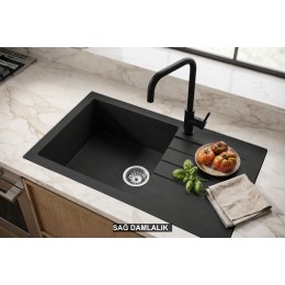 Sağ Damlalıklı 76x43,5 cm Siyah Granit Mutfak Evyesi RealStone Assos 76 XL P010
