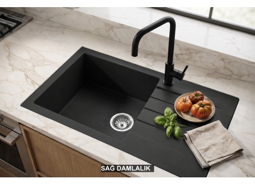 Sağ Damlalıklı 76x43,5 cm Siyah Granit Mutfak Evyesi RealStone Assos 76 XL P010 Sağ Damlalıklı 76x43,5 cm Siyah Granit Mutfak Evyesi RealStone Assos 76 XL P010