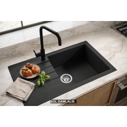 Sol Damlalıklı 76x43,5 cm Siyah Granit Mutfak Evyesi RealStone Assos 76 XL P010
