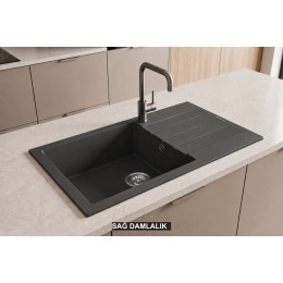 Sağ Damlalıklı 86x43,5 cm Antrasit Granit Mutfak Evyesi RealStone Assos 86 XL P011