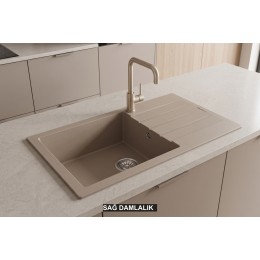 Sağ Damlalıklı 86x43,5 cm Cappuccino Granit Mutfak Evyesi RealStone Assos 86 XL P011