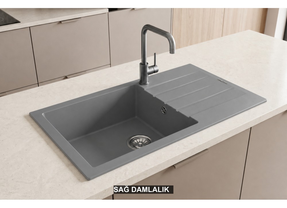 Sağ Damlalıklı 86x43,5 cm Gri Granit Mutfak Evyesi RealStone Assos 86 XL P011 Sağ Damlalıklı 86x43,5 cm Gri Granit Mutfak Evyesi RealStone Assos 86 XL P011
