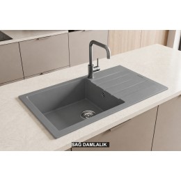 Sağ Damlalıklı 86x43,5 cm Gri Granit Mutfak Evyesi RealStone Assos 86 XL P011