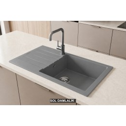 Sol Damlalıklı 86x43,5 cm Gri Granit Mutfak Evyesi RealStone Assos 86 XL P011