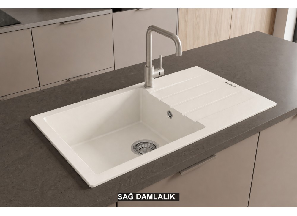 Sağ Damlalıklı 86x43,5 cm Beyaz Granit Mutfak Evyesi RealStone Assos 86 XL P011 Sağ Damlalıklı 86x43,5 cm Beyaz Granit Mutfak Evyesi RealStone Assos 86 XL P011