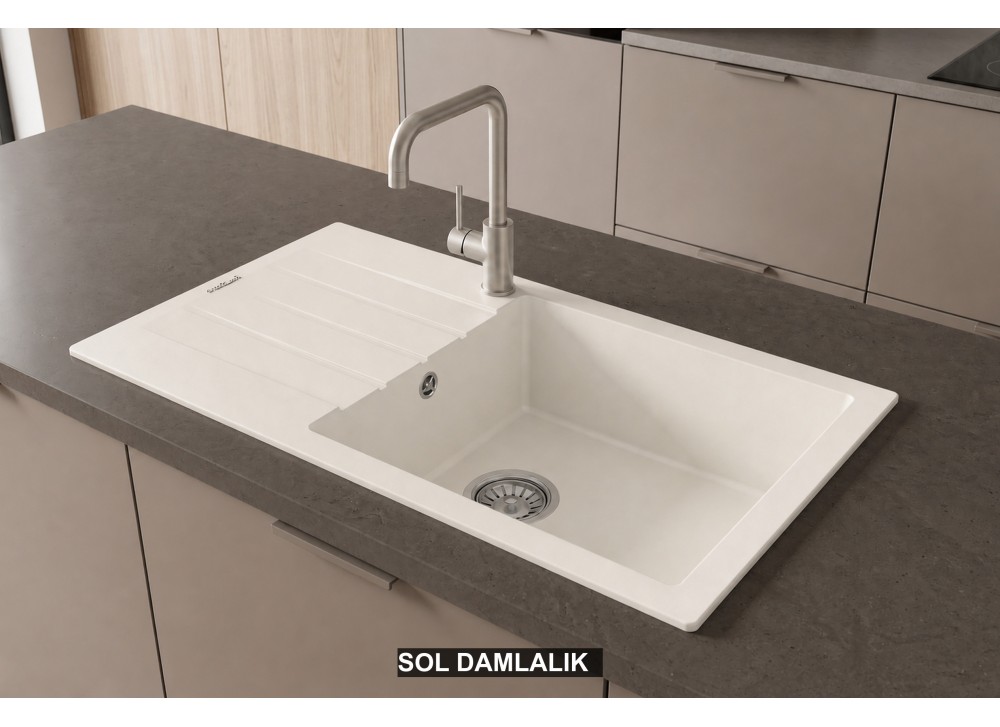 Sol Damlalıklı 86x43,5 cm Beyaz Granit Mutfak Evyesi RealStone Assos 86 XL P011 Sol Damlalıklı 86x43,5 cm Beyaz Granit Mutfak Evyesi RealStone Assos 86 XL P011