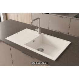 Sol Damlalıklı 86x43,5 cm Beyaz Granit Mutfak Evyesi RealStone Assos 86 XL P011