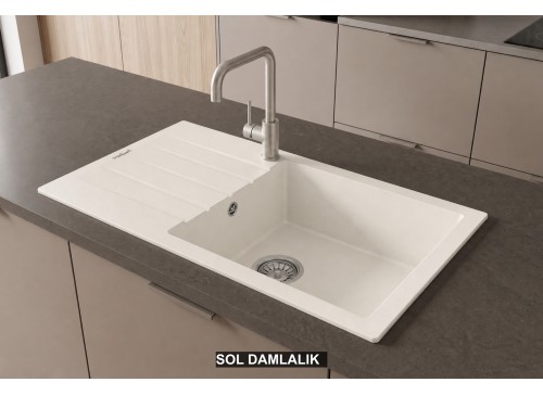 Sol Damlalıklı 86x43,5 cm Beyaz Granit Mutfak Evyesi RealStone Assos 86 XL P011 Sol Damlalıklı 86x43,5 cm Beyaz Granit Mutfak Evyesi RealStone Assos 86 XL P011