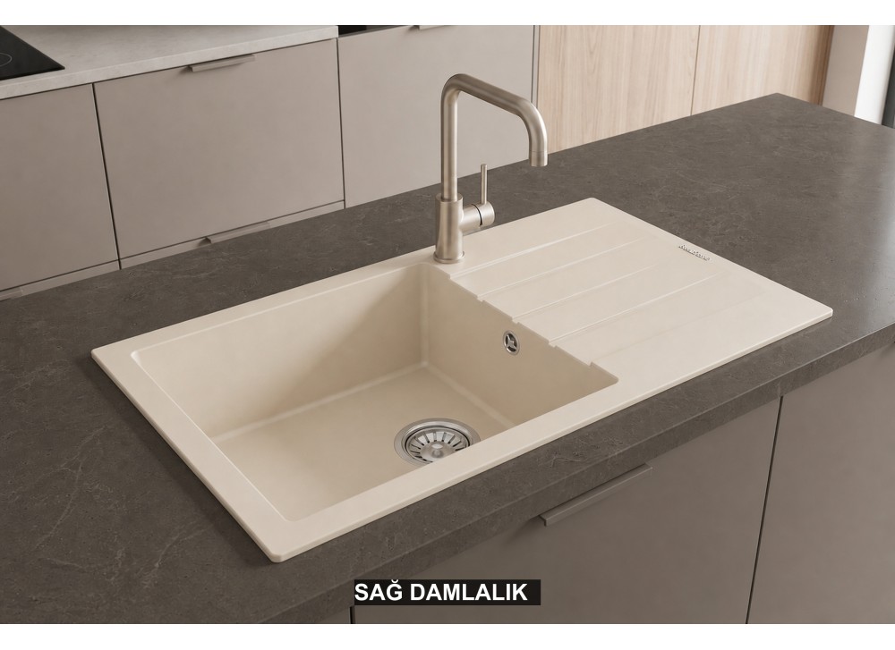 Sağ Damlalıklı 86x43,5 cm Krem Granit Mutfak Evyesi RealStone Assos 86 XL P011 Sağ Damlalıklı 86x43,5 cm Krem Granit Mutfak Evyesi RealStone Assos 86 XL P011