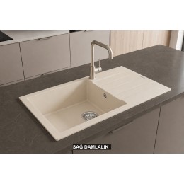 Sağ Damlalıklı 86x43,5 cm Krem Granit Mutfak Evyesi RealStone Assos 86 XL P011