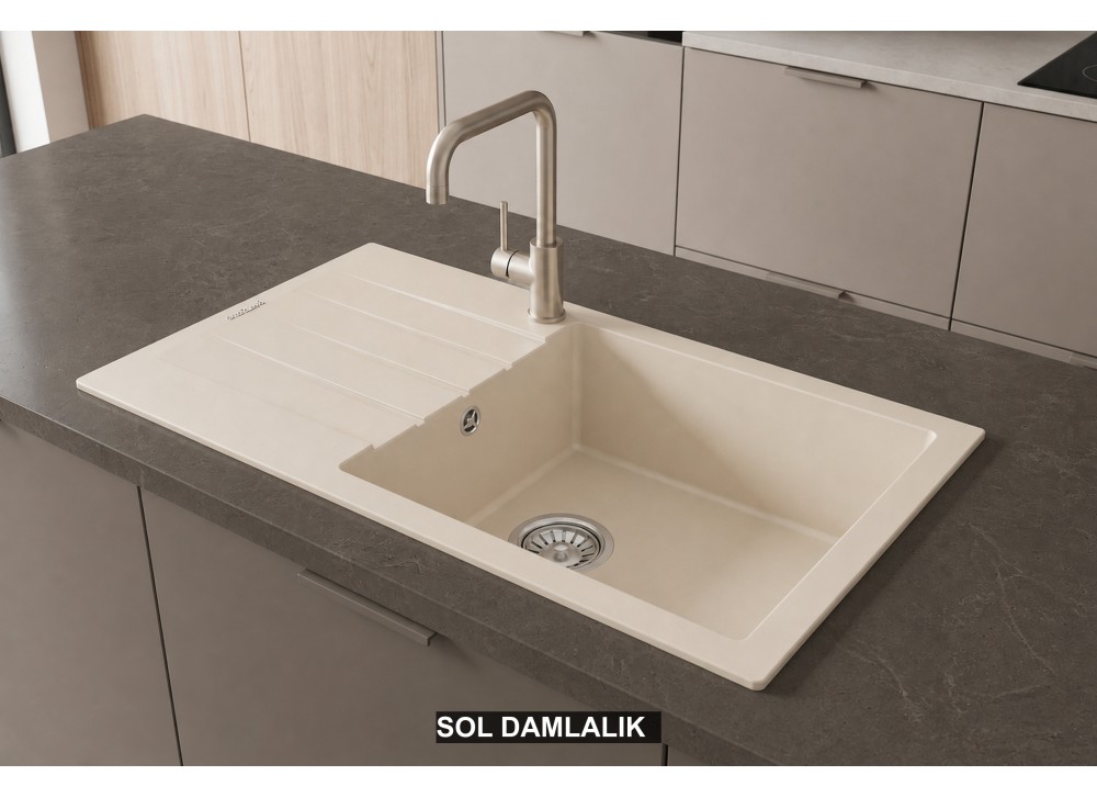 Sol Damlalıklı 86x43,5 cm Krem Granit Mutfak Evyesi RealStone Assos 86 XL P011 Sol Damlalıklı 86x43,5 cm Krem Granit Mutfak Evyesi RealStone Assos 86 XL P011