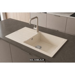Sol Damlalıklı 86x43,5 cm Krem Granit Mutfak Evyesi RealStone Assos 86 XL P011